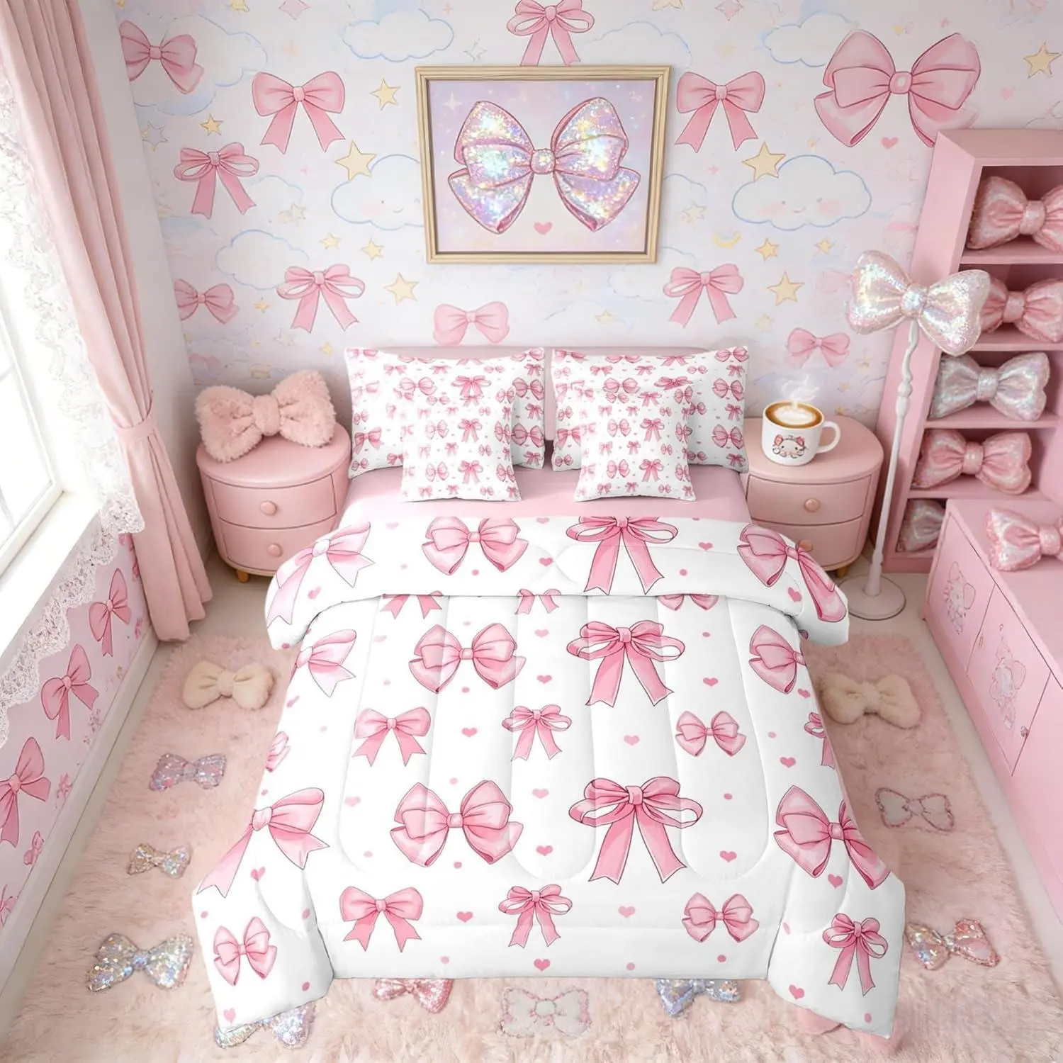 Feelyou Twin (7 Pcs) Pink Cartoon Bow Complete Bedding Set - Women's Bowknot Bedspread, Soft Comfy Printed Sheets, Romantic Butterfly Pattern Breathable Textiles, Bedding Quilt & Comforter Set, Complete Bedding Sets
