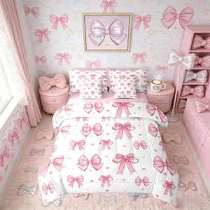 Cartoon 7 Piece Pink Bow Comforter Bed Set with Sheets,Kawaii Coquette Bowknot Bed Bag,Cute Bow Tie Bedding Set,Kids Teens Women,Romantic Butterfly Bed Set