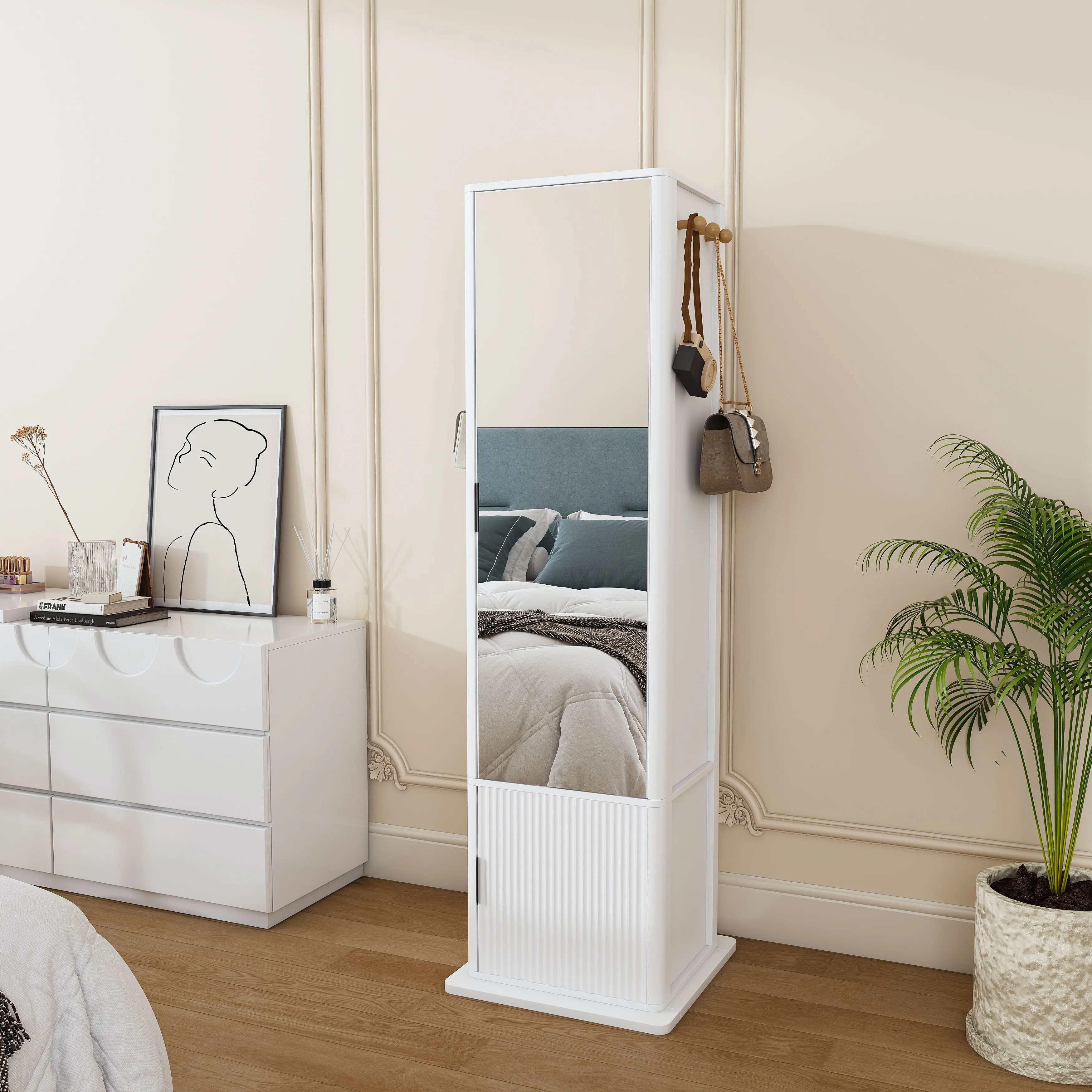White Freestanding Vanity Tower with Full-Length Mirror, 360° Rotating Makeup Jewelry Cabinet, Standing Storage Organizer with Coat Rack, 4 Open Shelves and 2 Built-In Shelves for Bedroom Bathroom Closet