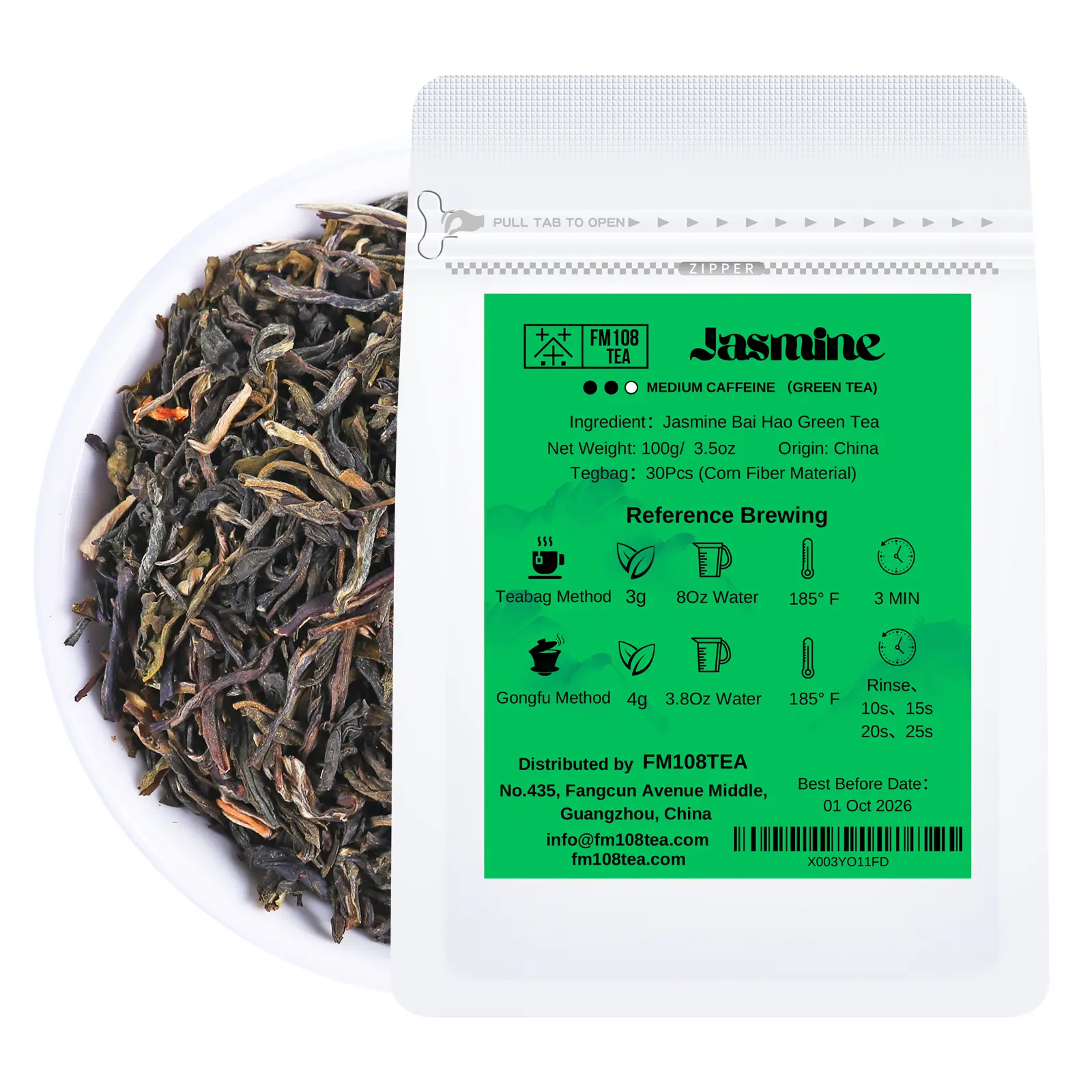 FM108TEA Featured Chinese Tea Loose Leaf Tea,Resealable Bag 3.5 Ounce(100g)| With 30PCS Tea Filter Bags,Safe and Natural Material (Jasmine) Beverage Fiber Herbal