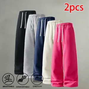 Stretch knit drawstring waist wide-leg sweatpants two-piece set — loose legs for unrestricted movement; suitable for campus, classes, commuting, dates, and relaxing at home; casual long pants
