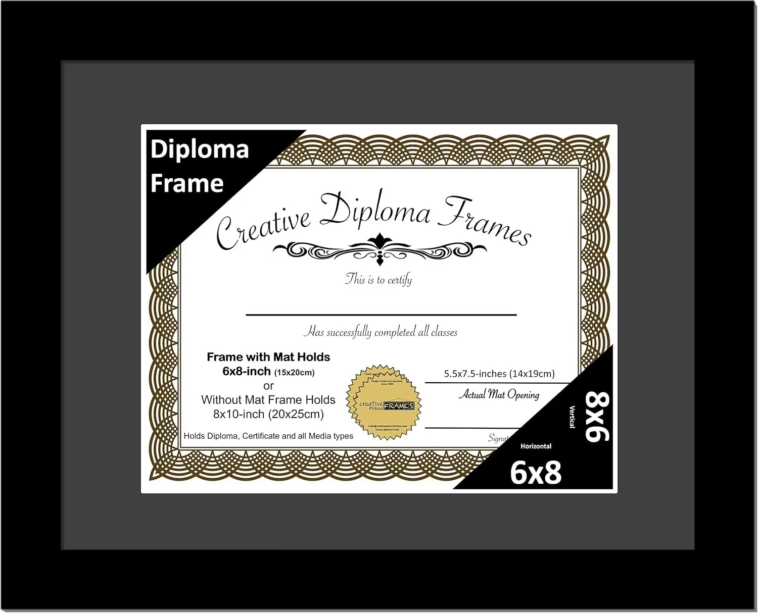 Creative Picture Frames 6X8-1-8X10Bk-B Black Diploma Frame With Black Matting | Holds 6X8-Inch Documents With Stand And Wall Hanger