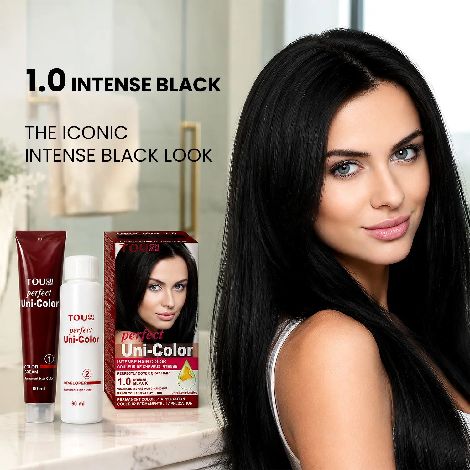 UNI COLOR 1.0 Intense Black Permanent Hair Color Kit, Even Looking Gray Coverage and Root Touch Up, Rich Root to Length Cream Dye, Easy 1 to 1 Mixing, Keratin Shea Butter Olive Oil, 120 mL, 1 Application