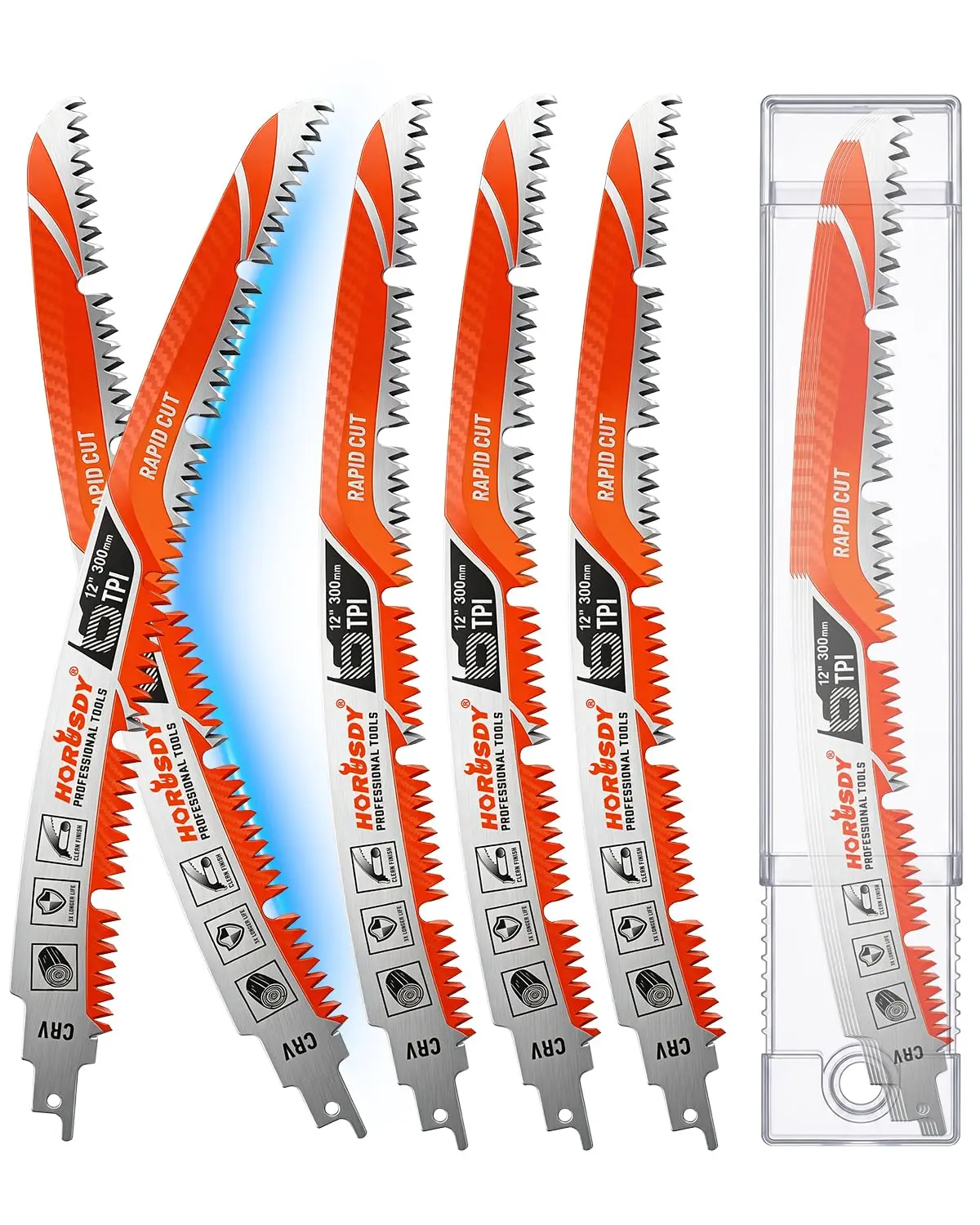 CR-V Steel Reciprocating Saw Blades (5-Pack, 12-Inch), 6TPI Japanese Teeth with Arc Edge, Power Tool Accessories for Tree Trimming & Wood Cutting, W/ Storage Case