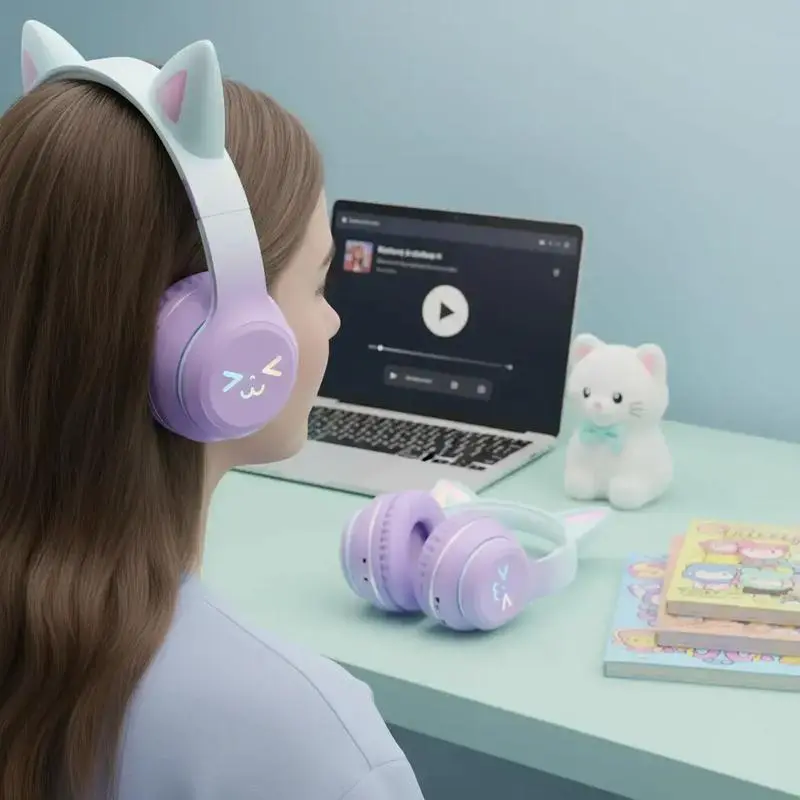 Cat's Ears Headset RGB Light Smile Face TWS Headset Gradient Headphone Pink Little Girl Earphone Gift Suitable for Any Phone Foldable Headset Cordless Headphones