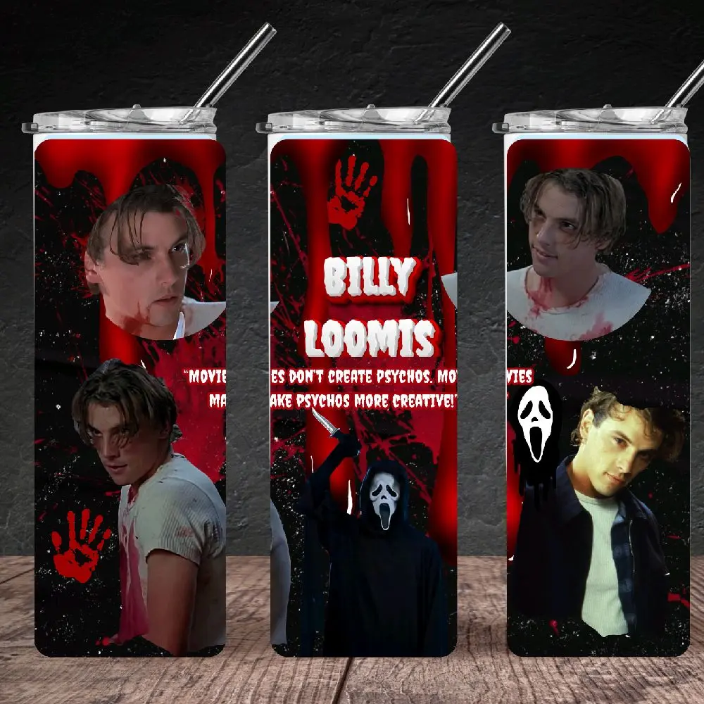 90s Horror Movie Scream 20oz Steel Billy Loomis Tumbler with Iconic Movie Quotes and Distinctive Red Design
