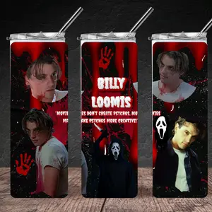 90s Horror Movie Scream 20oz Steel Billy Loomis Tumbler with Iconic Movie Quotes and Distinctive Red Design