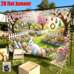 Easter Garden Bunny Background Banner, 2D Flat Polyester Fabric with Flowers and Eggs, Perfect for Spring Decoration and Party Supplies, Party Decorations Banners