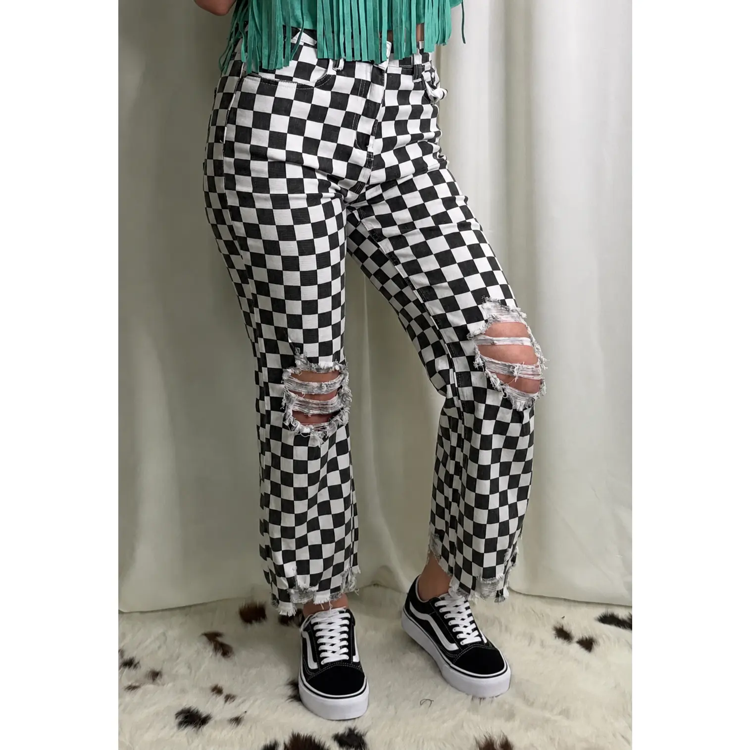 Women's Checkered Denim Ankle Cropped Jeans - Checkerboard, Edgy Vintage Vibe, 90s Grunge, Distressed Plaid, Flattering Fit, Black and White Aesthetic, Casual Everyday Streetwear Bottoms, Grunge Aesthetic, 90S Grunge Jeans