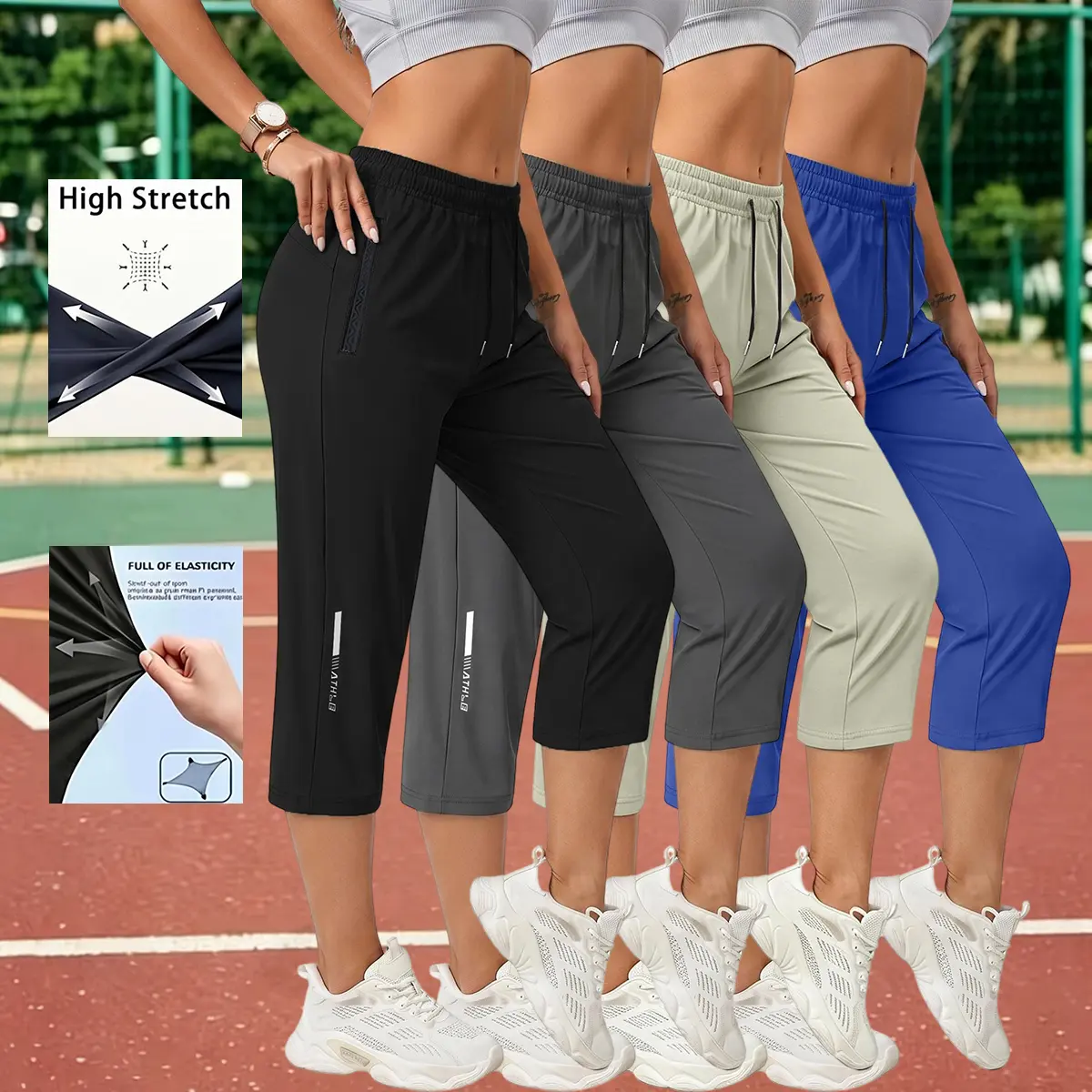Pack of four women’s casual, comfortable loose pants—ideal for summer beach trips and vacations; feature pockets, stretchy fabric, and a summery style; women’s seven-eighths length. Activewear/Casual Wear