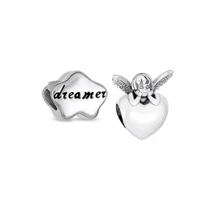 .925 Sterling Silver Guardian Fairy Angel Cherub Wings Heart & Cloud Word Dreamer Charm Bead (Set)