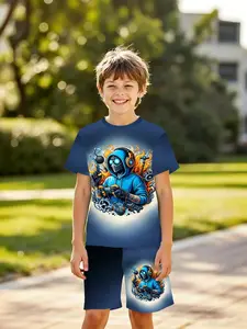 Children Cyberpunk Mask Game Controller Pattern Blue Casual Short Sleeve Set, Fitted Style, All over Print, No Ca Prop 65