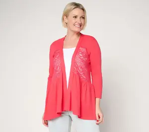 LOGO by Lori Goldstein Mixed Media Lace Cotton Cardigan