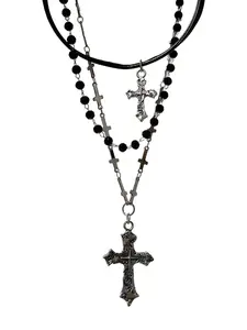 Gothic Dark Cross PU Leather Beaded Multi-Layer Necklace Vintage Punk Stacked Cross Pendant for Women Edgy Fashion