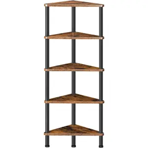 Corner Shelf Stand, Industrial 5-Tier Corner Bookshelf with Metal Frame,  Display Shelf, Small Bookcase for Small Spaces, Bedroom, Living Room, Rustic Brown BF33CJ01