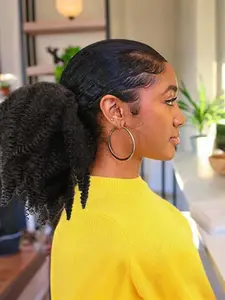 Afro Puff Kinky Curly Drawstring Ponytail Extension, 14 Inch Short Afro Kinky Curly Afro Bun, Synthetic Hairpiece for Women