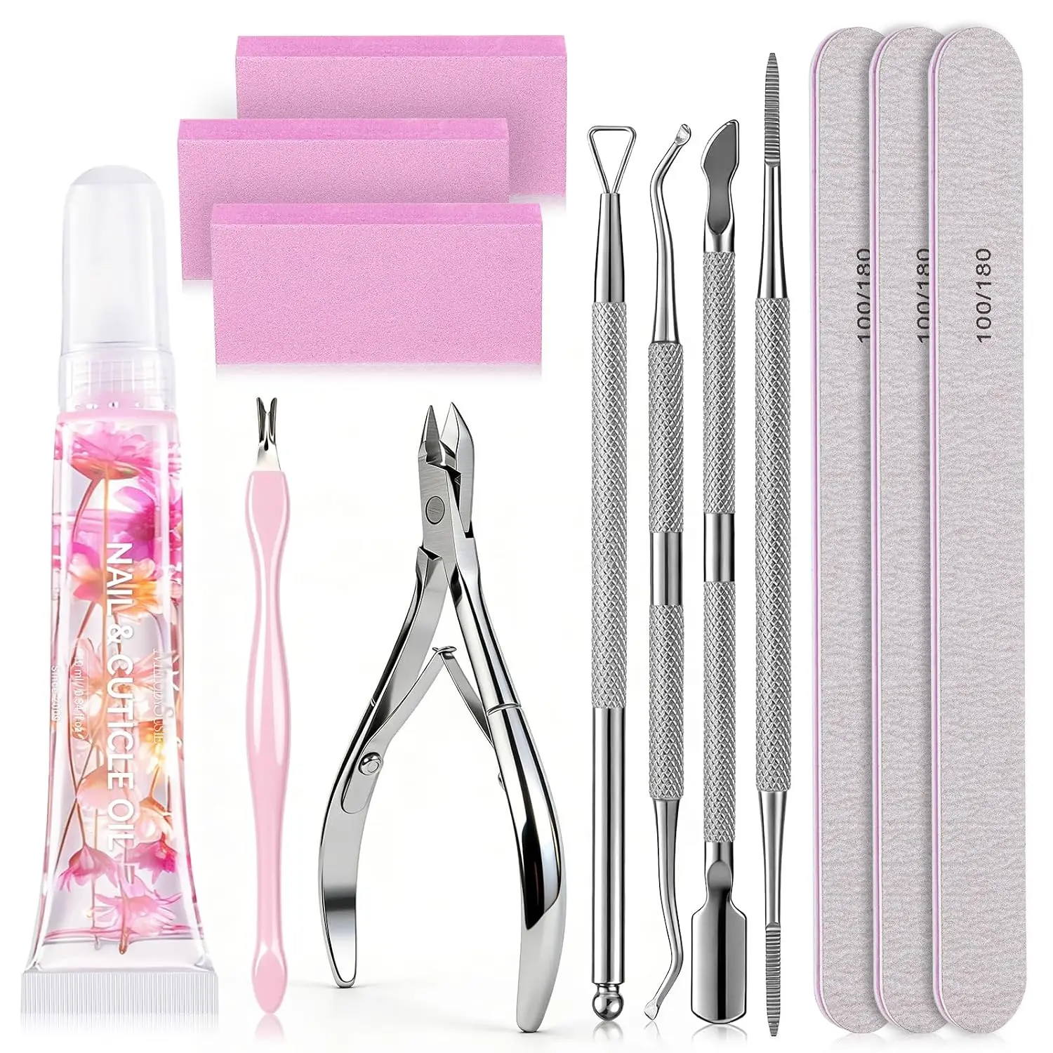MelodySusie Nail Care Kit Nail Prep Set Cuticle Remover | Cuticle Trimmer,Cuticle Pusher, Nail File and Buffer Blocks,Portable Cuticle Oil and Ingrown Toenail Removal Tool,13Pcs