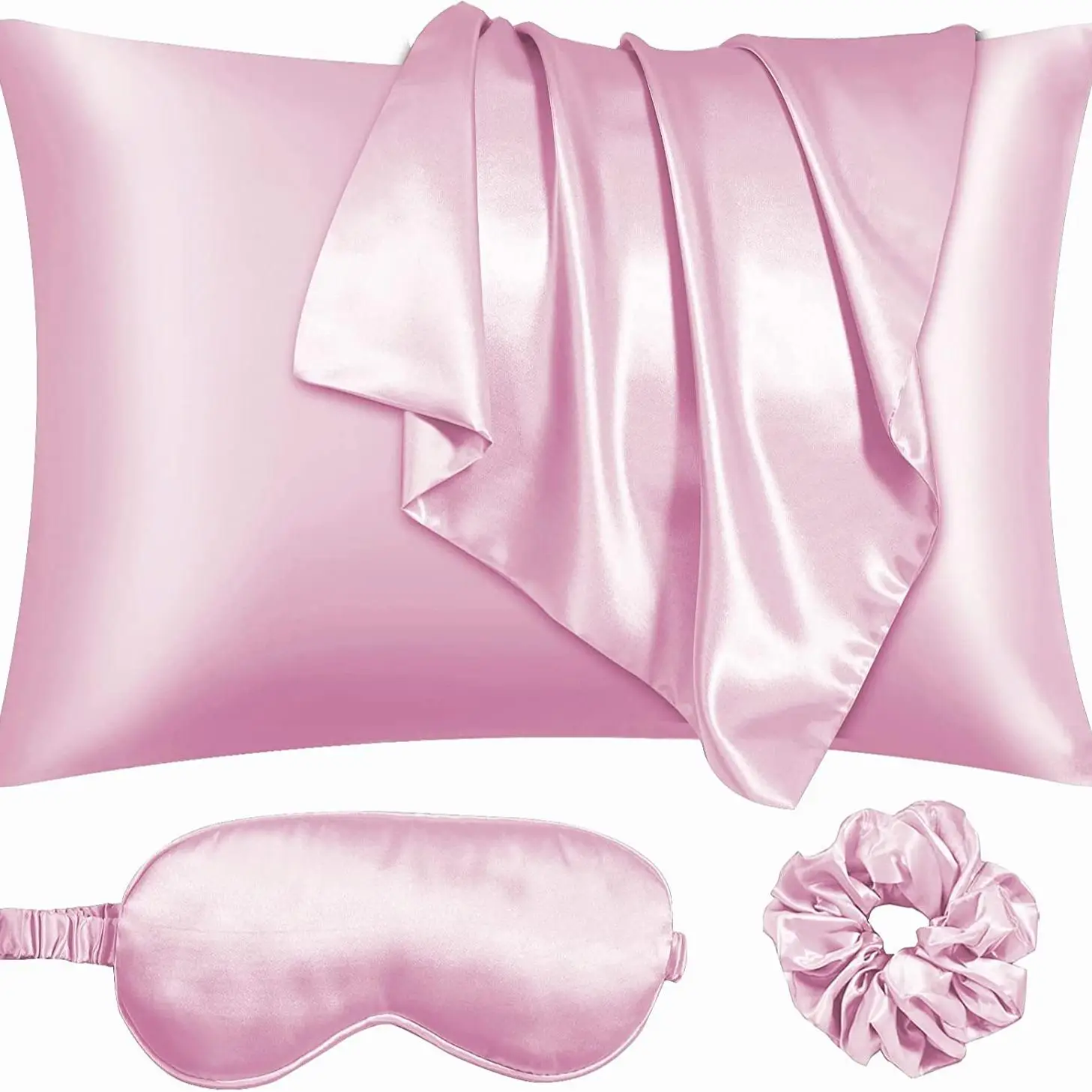 Cozy Room Accessories Solid Color Satin Pillowcase without Filler, 4 Counts Home Accessories Including 2 Pillowcase & 1 Hair Ring & 1 Eye Mask, Room D