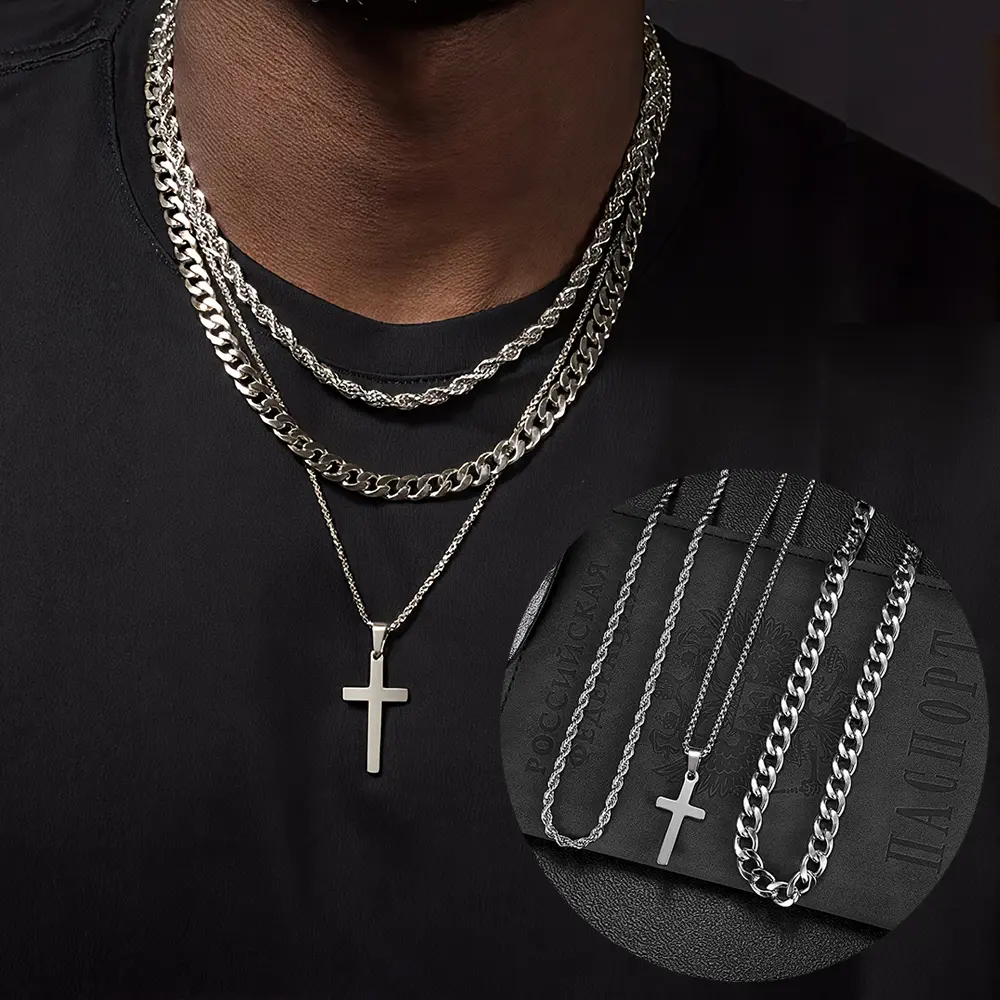 Men's 3PCS Punk 304L Stainless Steel Cross Pendant Multi-layer Accessory Set - Trendy Hip-Hop Cuban Twist Chunky Chain, Steel Finish, 3-Piece Style Mix, Party & Casual Street Jewelry for Festivals, Trendy Jewelry Set