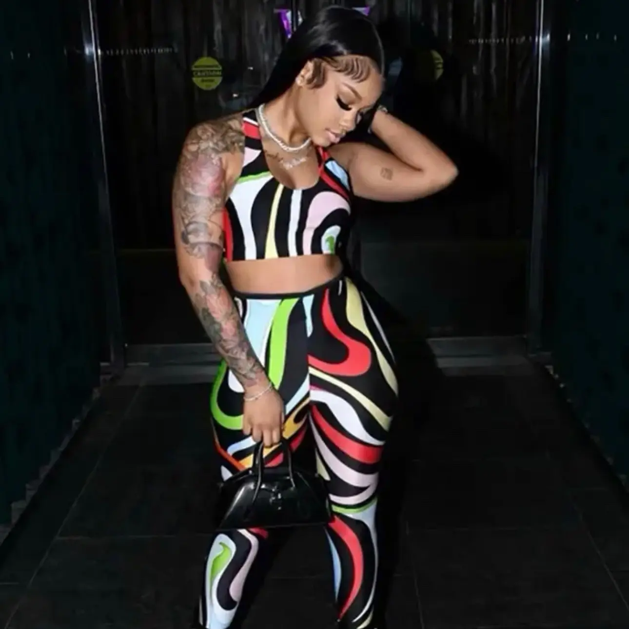 Two piece multi color striped Polyester