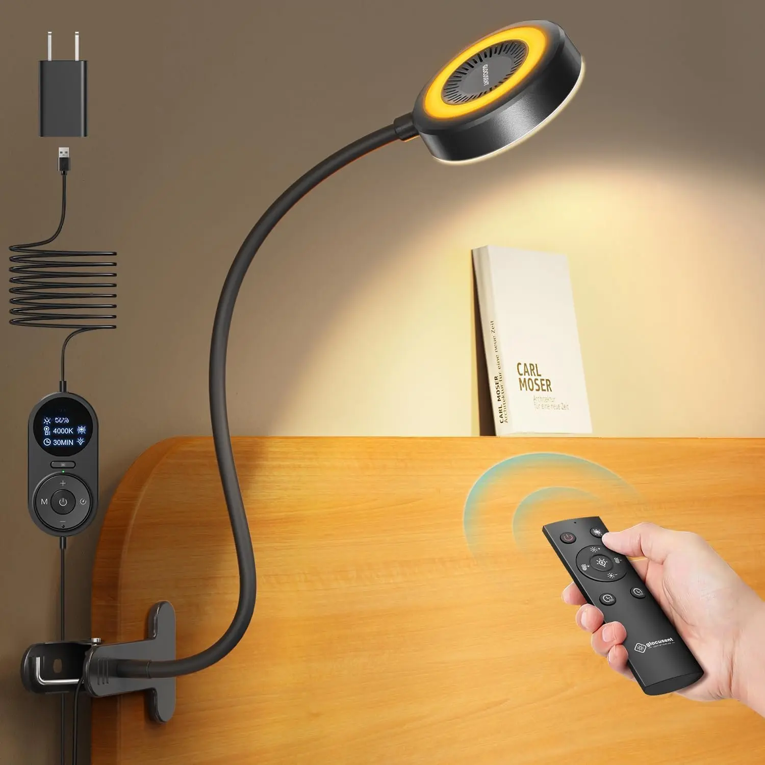 72 LED Clip on Lamp with Remote, Reading Light with Amer Ring Night Light, 3 Colors & 5 Dimmable Desk Lamp with Clamp, Auto-Off Timer for Night Reading, Bed Light for Headboard/Dorm/Bunk