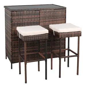 Ubesgoo 2-Person Outdoor Furniture Set, Two Rattan Bar Stools with Cushions and Bar Table
