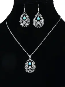 1 Set Fashionable Vintage Style Turquoise Decor Earrings & Pendant Necklace, Boho Style Jewelry Set, Water Drop Design Pendant Necklace & Dangle Earrings Set For Women