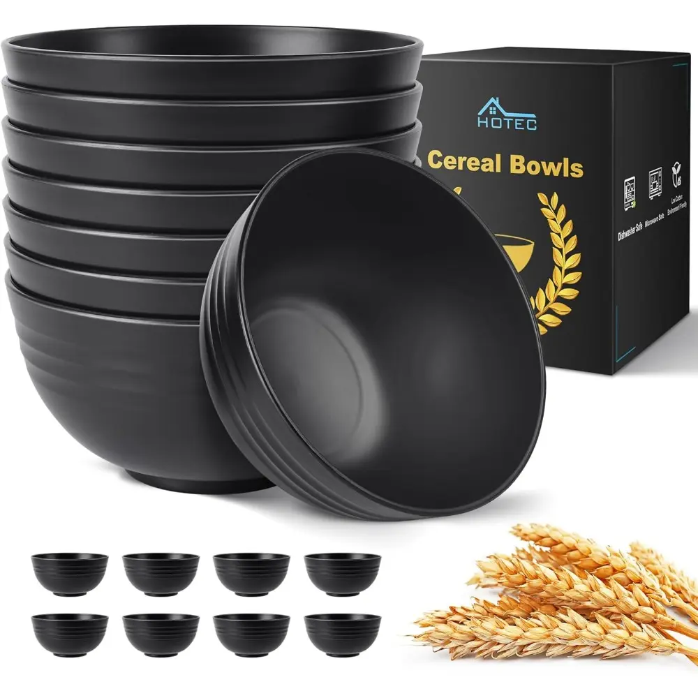 Vibrant Black Unbreakable Wheat Straw Serving Bowls Set - 8 Bowls, 26oz BPA-Free Casual Outdoor Tableware, Microwave & Dishwasher Safe for Cereal, Soup