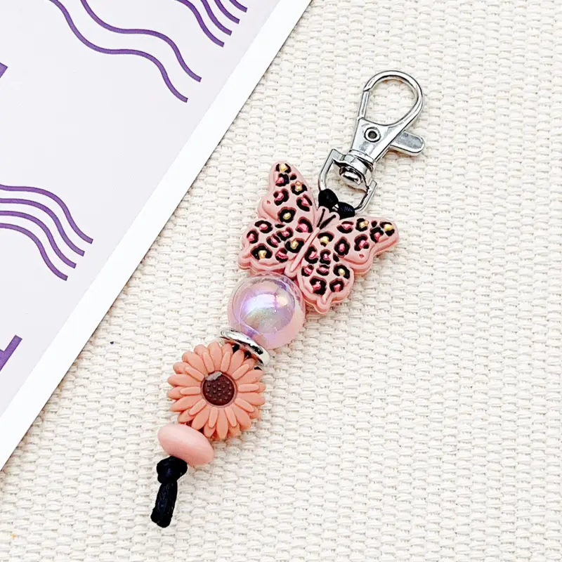 Mother's Day Gift Cute Butterfly & Flower Design Beaded Keychain, Floral Pattern Keychain, Fashionable Silicone Beaded Keychain for Women & Girls, Trendy All-match Keychain for Birthday Gift, Aesthetic Keychain