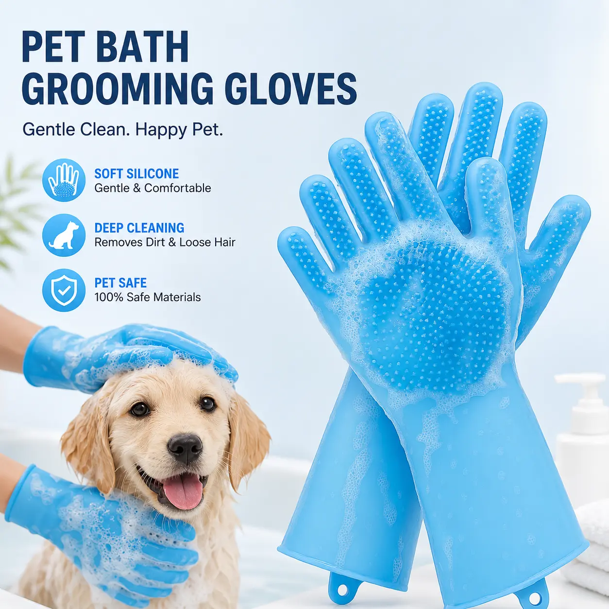 Silicone Rubber Pet Grooming Bathing Glove - 1 Pcs, 12.6"x6.69", Fast Foaming, Loose Hair Deshedding Wash Mitt, Anti-Slip Inner, Hanging Hole, Universal Fit, Deep Cleans, Soothing Massage for Dogs & Small Animals