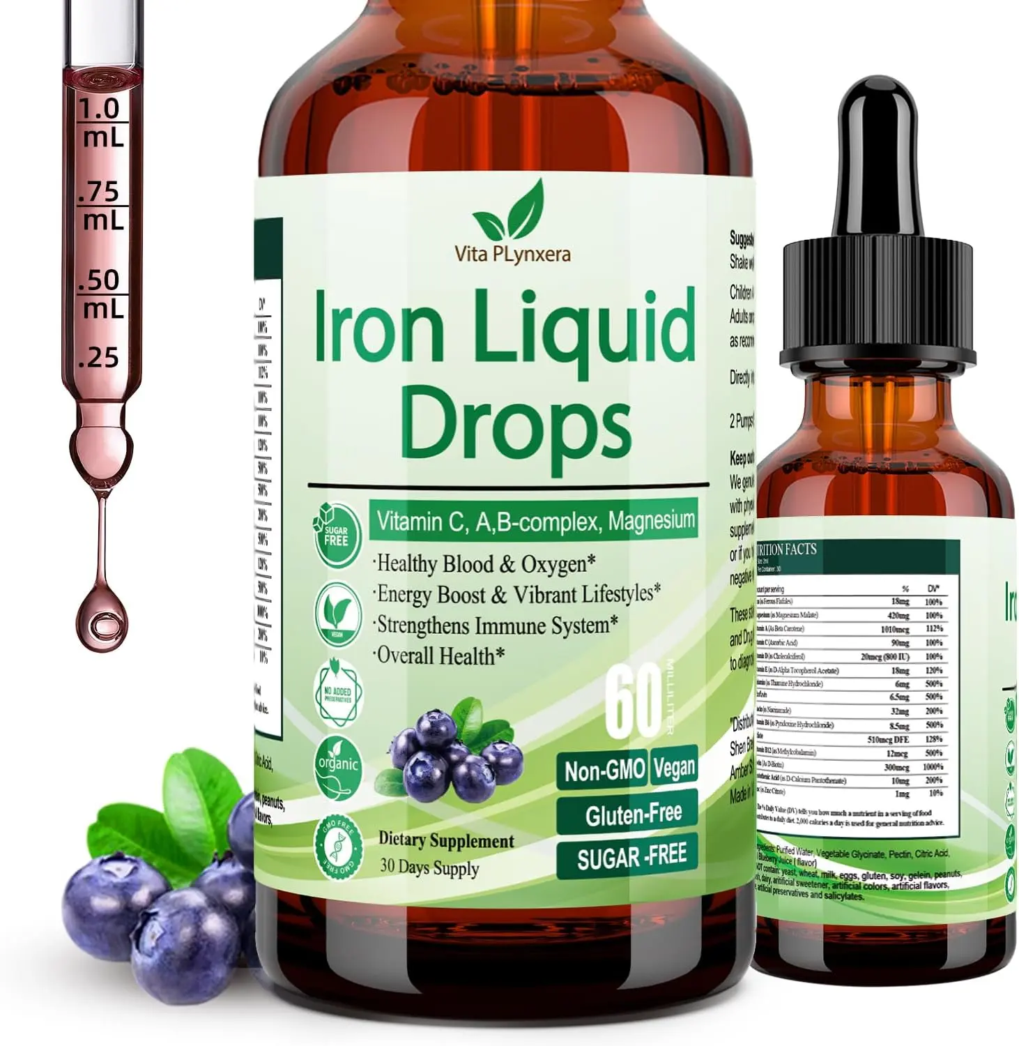 High-Potency Liquid Iron Supplement with Vitamin C, D, B12, B-Complex & Magnesium - Vegan Drops for Energy Support, Blood Health & Anemia Relief (For Adults & Kids)