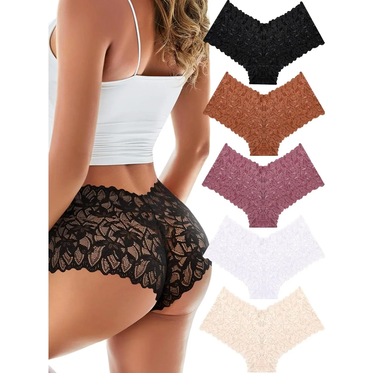 Women's Lace Cheeky Boyshorts, V-Waist Breathable Panties, Invisible in All Occasion, Black & Multicolor 5 Pack, A-Black(5 Pack)