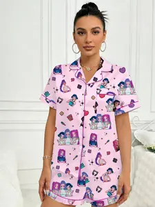 Cartoon Character Sweet Style Cardigan Short Sleeve Shorts Home Wear Two-Piece Set, Soft Fabric, Casual All Seasons
