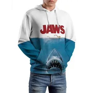 Men's JAWS Shark Design Hoodie - Casual White Pullover with Kangaroo Pocket, Zipper Detail, Ideal for Everyday and Outdoor Wear, Casual Outdoor Wear|Shark Themed Apparel|Polyester Spandex Blend