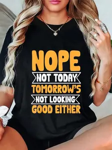 Plus Size, Women's Casual Short Sleeve T-Shirt with "Fun Not Today" Slogan Print - Round Neck Summer Blouse, Machine Washable Black Top for Casual Attire & Layering, 100% Casual Style (Orange Text)