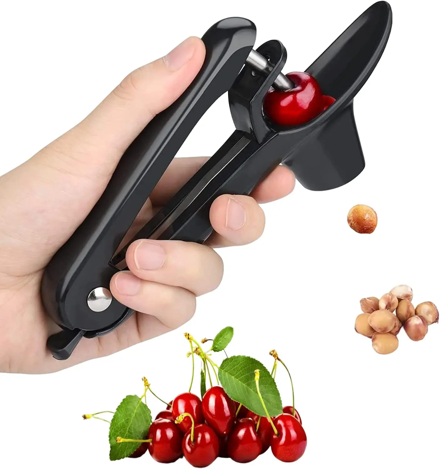 Stainless Steel Cherry Pitter - Heavy-Duty Kitchen Utensils Fruit Corer Tool with Space-Saving Lock Design, Multi-Function Stoner for Cherry Jam Making (Black)