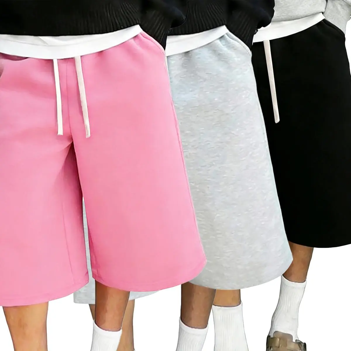 Men’s solid-color 3/4 jogger shorts; elastic waistband drawstring casual athletic shorts; loose over-the-knee street-style sports shorts; suitable for everyday wear.