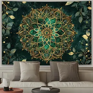 1pc 2D Flat Elegant Green Mandala Flower Tapestry with Golden Accents - Luxurious Polyester Wall Art for Living Room Bedroom Office Party Decor - No Power Needed Feather - Free - Ideal Gift Hanging White