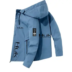 Men's fashionable jacket with Huk logo, zipper pocket, casual hooded design, polyester material, spring and autumn clothing, men's casual jacket, casual jacket, casual fit jacket