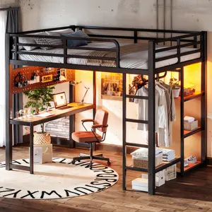 [Bellemave] Full/Queen Loft Bed with Storage Shelves and Desk, Metal Loft Bed with USB Ports, Lights, and Hanging Rod, Cave Board Design, Black  ﻿