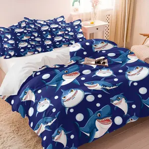 Cartoon Shark Ocean Themed Duvet Cover Set & 1-2 Pillowcases No Core, Chibi Shark Design Paired with White Bubbles & Dark Blue Background, Soft Skin-Friendly, Fresh Cure Kids Bedroom Decor, Gift for Kids, Teens