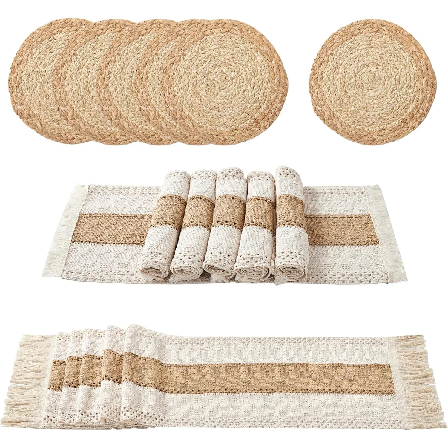 Thick Boho 13PCS Tableware Placemats Set - Handmade Grass-Woven Mats, Natural Cotton Linen Mats, 12x70in Macrame Table Runner for Dining Table, Round/Square Room Decor