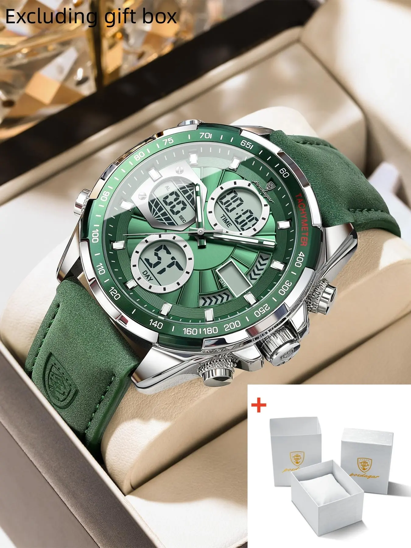 Poedagar LED Luxury Men's Watch with Bright Surface, Weekly Calendar, Dual Date Digital Display, Men's Electronic Alarm Clock, Multi functional Quartz Watch, Quartz Wristwatch