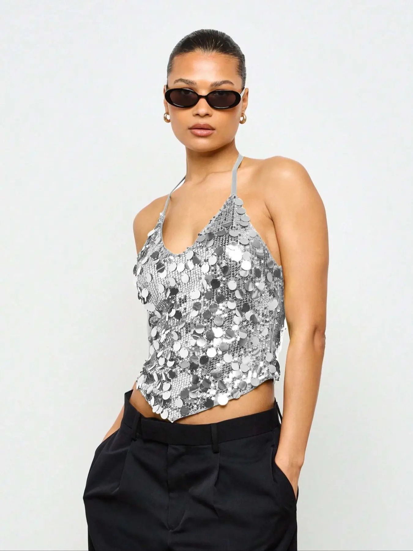 Metallic Sequin Halter Cami Top Festival Party Club Wear Evening Cocktail Dancing Sparkly Crop Tank Glam Style