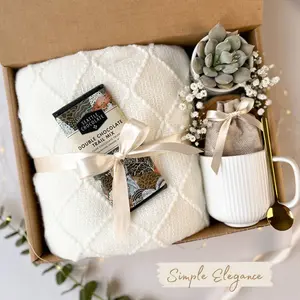 Simple Elegance Mother's Day Gift Box with Elegant Decorative Accessories, Includes Soft White Throw Blanket, Tea Mug, and Succulent Gift