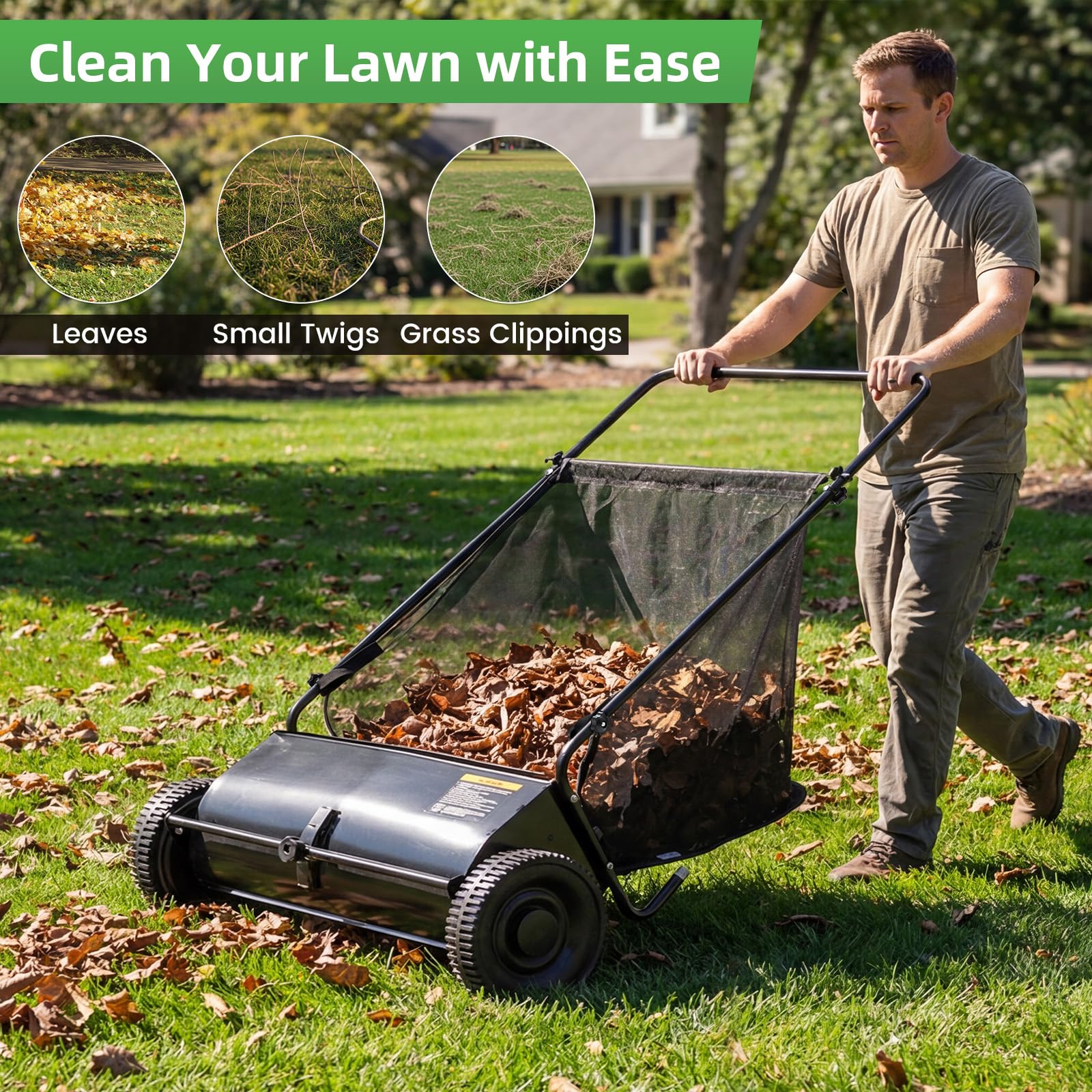 AECOJOY 26" Manual Lawn Sweeper, 7 Cu.Ft. Leaf & Grass Collector, Height Adjustable Spinning Brushes, Steel Frame with 10 Inch Rubber Wheels