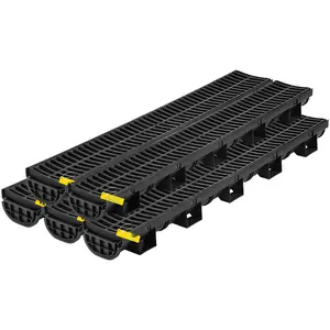 Trench Drain System With Channel Drain And Plastic Grate, 5.7x3.1-Inch HDPE Drainage Trench, Black Garage Floor Drain, 5x39 Trench Drain Grate, Includes 5 End Caps, For Garden And Driveway, 5 Pack