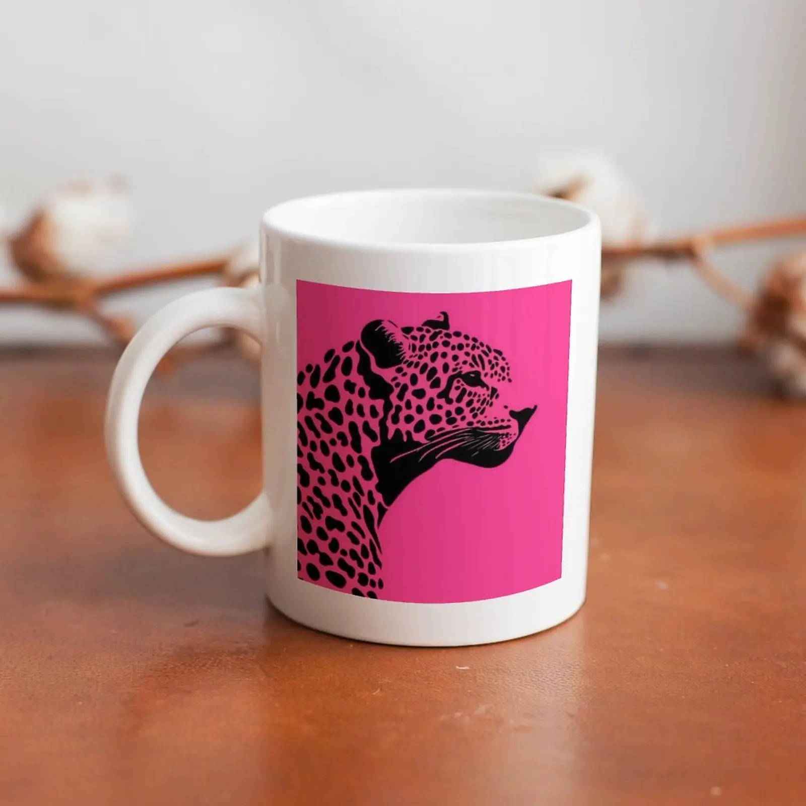 Pink Leopard Ceramic Mug 11oz Cute Animal Coffee Cup Black Pink Leopard Print Coffee Mug for Women Office Home Kitchen Decor
