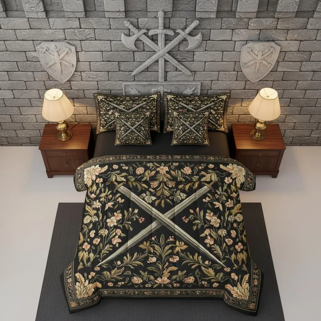 Medieval Style Swords Comforter Set Country Rustic Flowers Bedding Set Knight Theme Sword Bedding Black Yellow Comforter 7pcs with Fitted Sheet,Flat Sheet and Pillow Cases