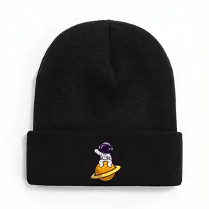 S&T Space Theme Winter Knitted Hat - Thickened Warm Planet Print Flip Design, Soft Elastic Unisex Cold-Proof Hat, Essential for Astronomy Enthusiasts, Christmas & Carnival Gift (Multiple Colors Available: Black/Orange/Grey/Navy Blue), Space Style Gift, Co